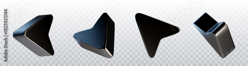 Chrome arrow icons in dark metallic finish with polished edges and realistic shadows. 3d triangular pointers from multiple angles on transparent background for sleek interface application design.