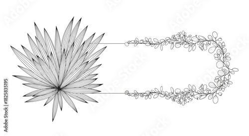 Minimalist and elegant frame design with a stylized fan palm on one side and a delicate floral vine on the other.