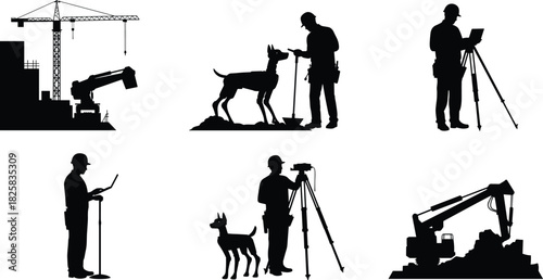 Silhouette of construction workers with surveying equipment, cranes, and excavators at building site, civil engineering, architecture, and land survey concept
