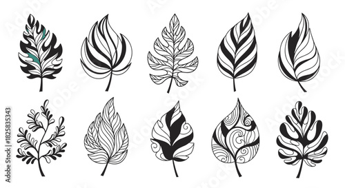 Set of ten stylized leaves in a black and white doodle art style with various intricate and abstract patterns inside.