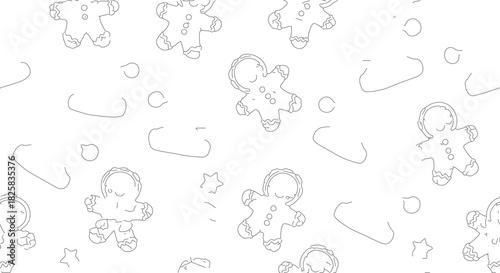 Seamless pattern of gingerbread cookies and snowflakes for Christmas.