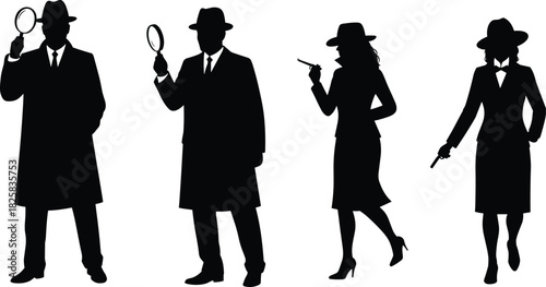 Silhouette of detective men and women holding magnifying glass and gun, mystery investigation crime concept, classic noir secret agent illustration