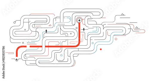 Complex maze or labyrinth of interconnected lines with a highlighted red path showing the solution from start to finish.