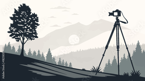 Capture majestic mountains with camera on tripod, nature photography concept