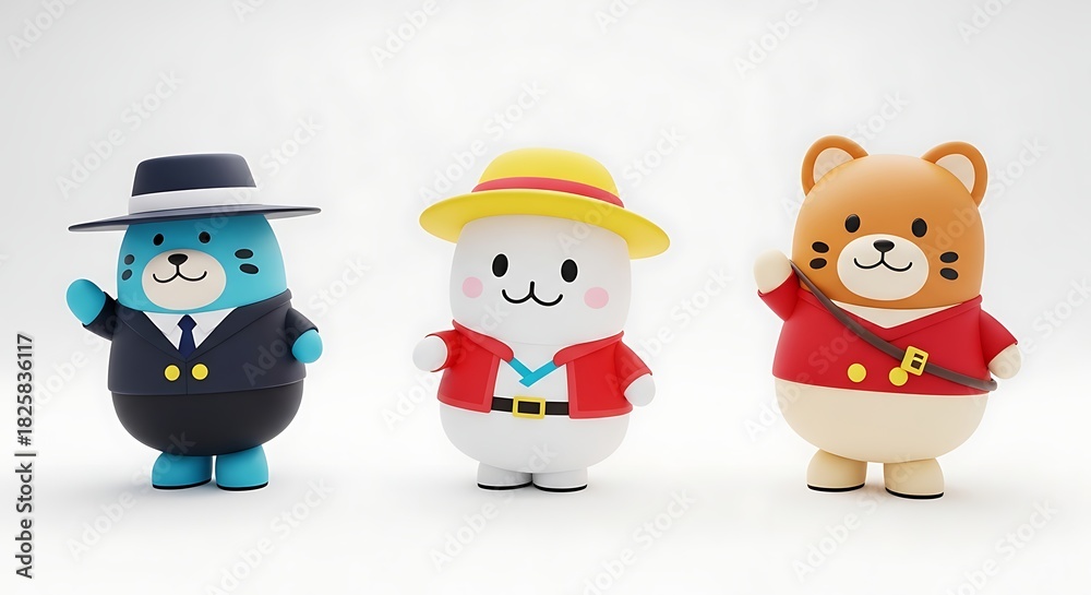 Obraz premium Three cartoon characters with hats posing against a white backdrop