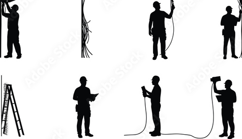 Silhouette of electricians working with cables and tools, inspecting electrical systems, installing wiring, professional maintenance, safety at work concept illustration