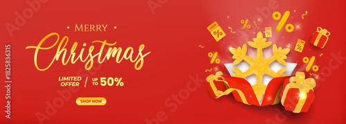 Merry Christmas Sale Banner With Gifts, Snowflake, Sparkling Discounts And Bright Red Background