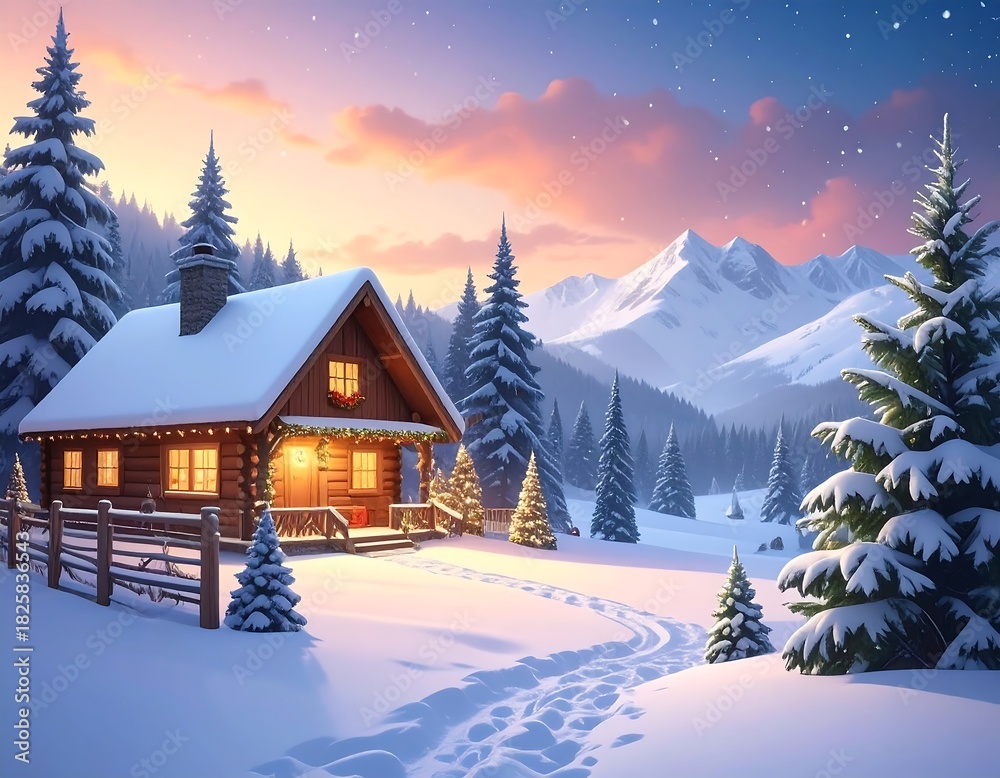 Naklejka premium Cozy cabin nestled in a snowy winter wonderland (1)