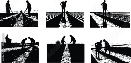 Silhouette of farmers working in irrigation field, agricultural workers maintaining water channels for crop cultivation, rural farming concept illustration