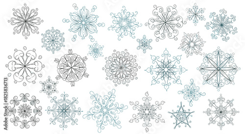 Collection of intricate and ornate snowflake designs with swirling and geometric patterns in a delicate line art style.