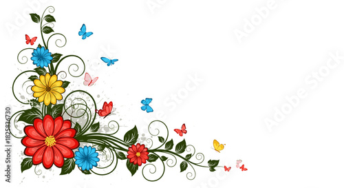 Vibrant floral corner design with colorful flowers green vines and fluttering butterflies against a subtle grunge texture.