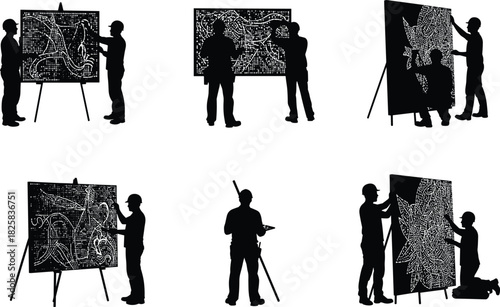 Silhouette of engineers discussing technical drawings on board, teamwork on construction plans, industrial project design meeting in workplace environment