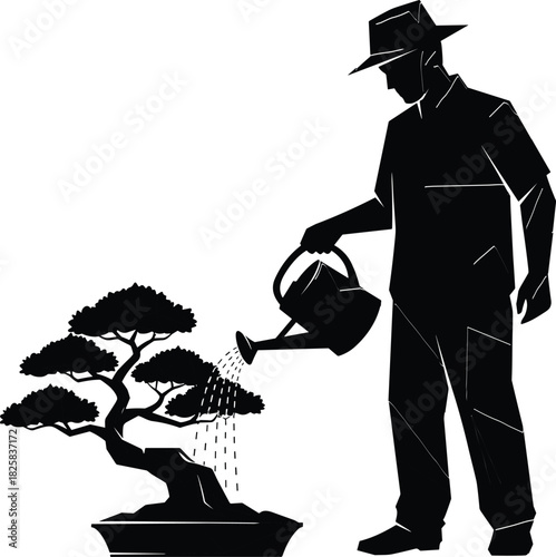 Silhouette of gardener watering bonsai tree with watering can, nature care, plant maintenance, horticulture illustration, peaceful gardening concept