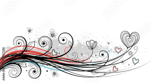 Artistic design with black swirling lines stylized flowers and layered hearts in a romantic and modern grunge style.