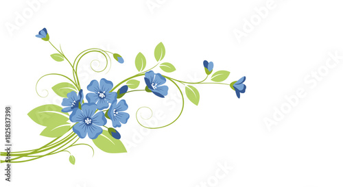 Elegant floral arrangement of blue flowers and light green leaves on swirling vines isolated on a plain white background.