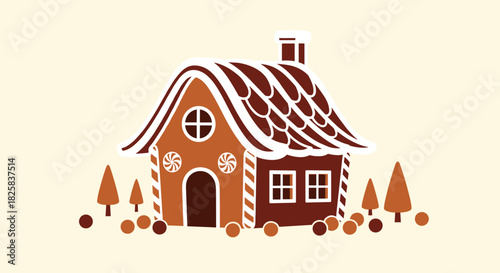 Charming cartoon illustration of a gingerbread house decorated with white icing and candy in a cozy winter holiday scene.