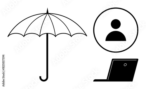 Umbrella overlaid with user profile and laptop representing data security, online privacy, protection, insurance, identity management, cyber safety, business risk. Ideal for simple flat metaphor