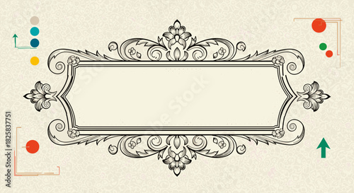 Elegant vintage rectangular frame with ornate flourishes and decorative corners set on a textured background with modern accents.