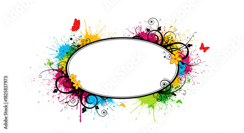 Vibrant oval frame surrounded by colorful paint splatters black swirling vines flowers and butterflies for a fun design.