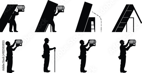 Silhouette of HVAC workers installing rooftop ventilation system, air duct maintenance, professional technicians fixing air flow equipment, heating and cooling service illustration