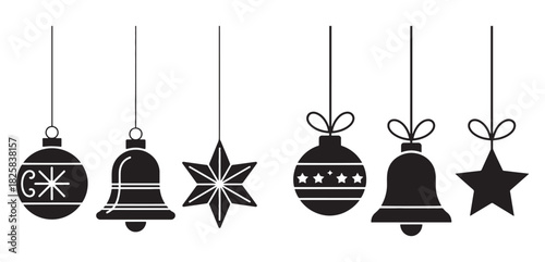 Set of hanging Christmas ornaments including stars bells and balls simple vector icons for holiday decorations and design elements