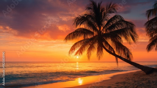 Golden sunlight reflects off calm ocean waves as the sun sets behind the horizon. Silhouetted palm trees frame the scene creating a serene atmosphere at dusk.