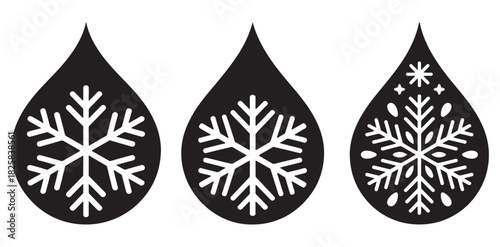 Set of snowflake icons in water drop shape simple vector glyphs for winter themes isolated on white background