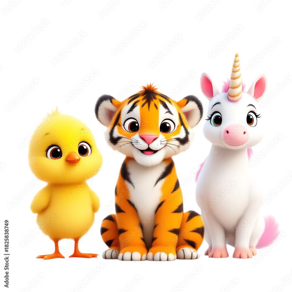 Fototapeta premium Adorable cartoon chick, tiger cub, and unicorn characters standing together, isolated on transparent background