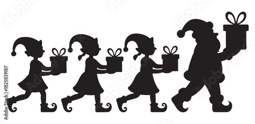 Silhouette of Santa Claus and elves carrying gifts vector illustration for Christmas and holiday season designs isolated on white