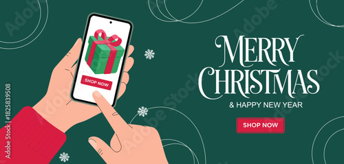 Christmas Banner Featuring Hands Holding Smartphone With Gift Boxes Displayed On Screen, Festive Online Delivery Concept For Holiday Shopping And Fast Present Shipping, Clean Vector Illustration