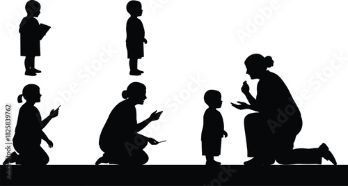 Silhouette of mother teaching and talking to small child, parent kneeling and communicating with kid, parenting and education concept illustration