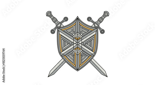 Ornate medieval shield and two crossed swords emblem with intricate geometric patterns in silver and gold on a white background.