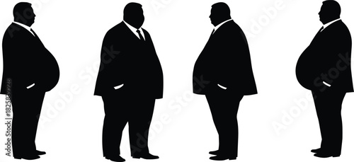 Silhouette of overweight businessman in suit, standing in profile and front view, corporate obesity concept, office lifestyle vector illustration