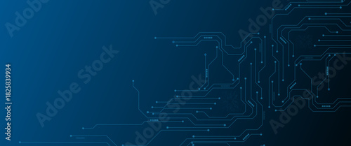 Glowing light blue neon AI chip with thin circuit contact lines. Technology lines circuit and dots on blue background, circuit board network connection.