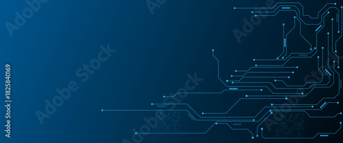 Glowing light blue neon AI chip with thin circuit contact lines. Technology lines circuit and dots on blue background, circuit board network connection.