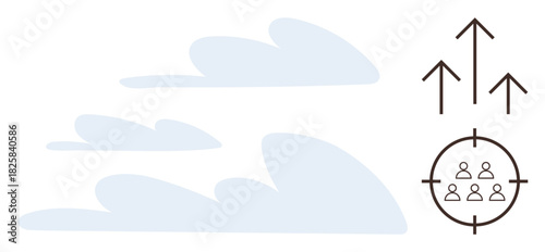 Abstract concept of upward arrows, group of people in a target focus, conveying teamwork, success, aspirations. Ideal for leadership, strategy, focus development vision career. Simple flat