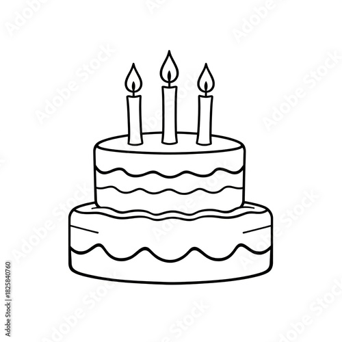 Simple black and white drawing of a two tier birthday cake with three candles