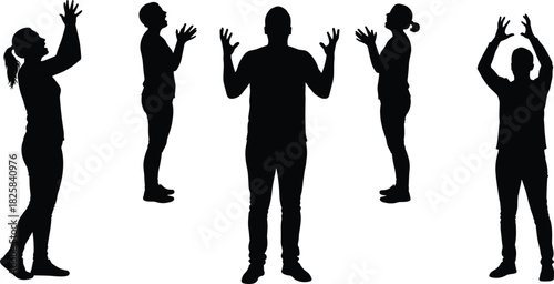 Silhouette of people raising hands and looking upward in celebration or worship, expressing joy, gratitude, faith, and emotional freedom concept