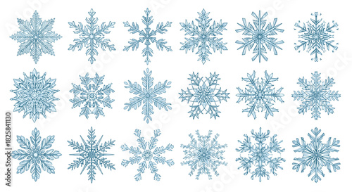 Large collection of intricately detailed blue crystal snowflakes isolated on a white background for winter holiday designs.