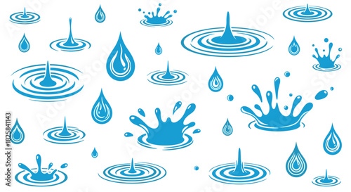 Collection of blue water drop and splash icons showing ripples and droplets isolated on a clean white vector background.