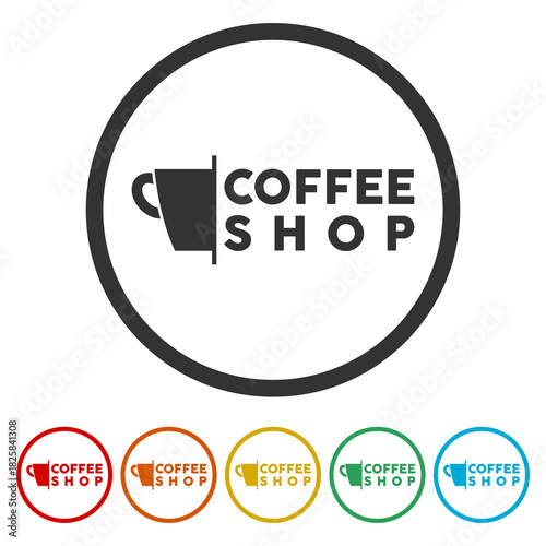 Coffee shop simple logo. Set icons in color circle buttons