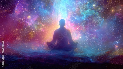 A person sits in a meditative pose surrounded by a vibrant cosmic background filled with stars and colorful nebulae. The scene conveys a sense of peace and connection with the universe.