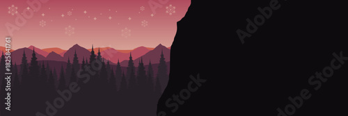 Abstract winter scenery with a vast snow covered field and layered mountains in flat design.
