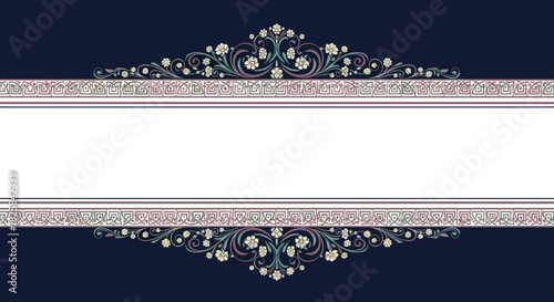 Luxurious vintage-style banner with intricate floral and geometric borders in elegant colors on a dark blue background.