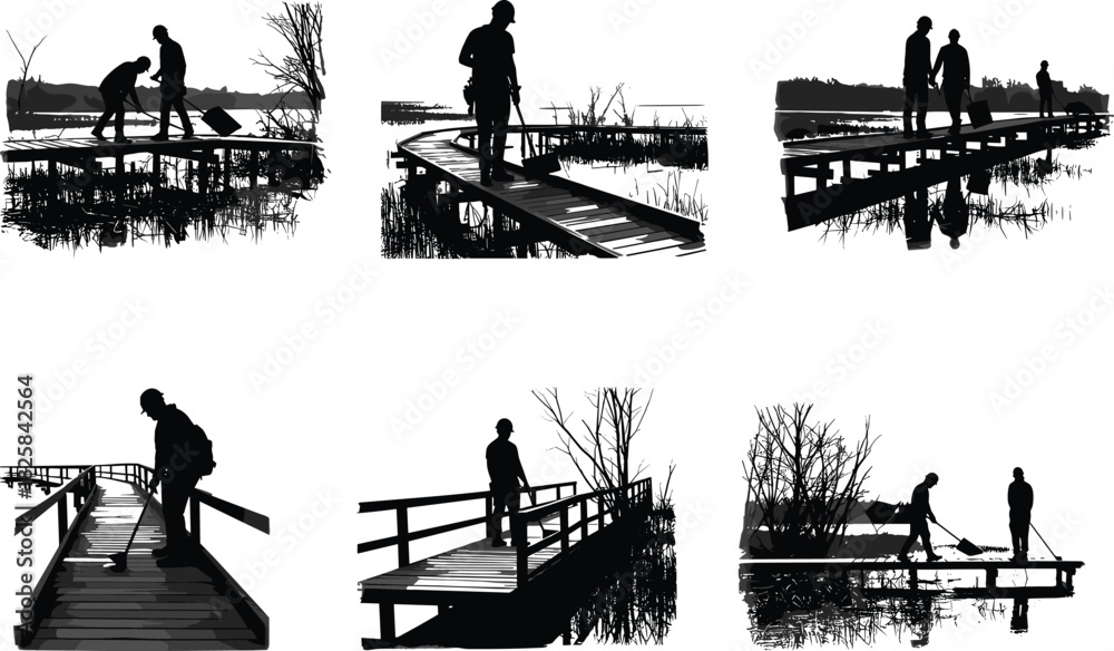 Obraz premium Silhouette of people walking and detecting on wooden bridge near lake, exploring nature, reflection in calm water at sunset time