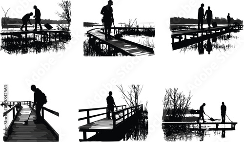 Silhouette of people walking and detecting on wooden bridge near lake, exploring nature, reflection in calm water at sunset time