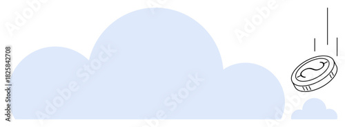 Blue cloud backdrop with a coin falling toward it, suggesting online storage, savings, or investments. Ideal for fintech, cloud computing, economy, innovation, savings banking simple flat metaphor