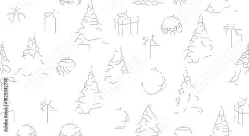 Hand drawn sketch of winter forest elements and Christmas decorations.