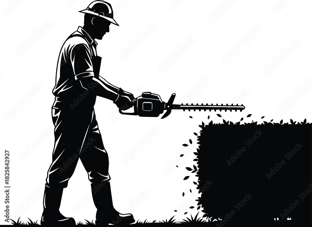 Obraz premium Silhouette of professional gardener trimming hedge with electric trimmer, outdoor landscaping maintenance worker shaping bushes, agriculture and garden care illustration