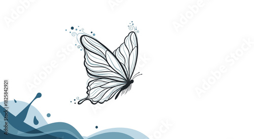 Artistic illustration of a delicate butterfly in flight above abstract blue water waves creating a serene and graceful scene.